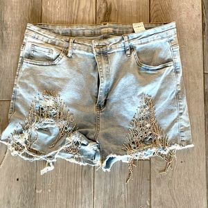 SHEIN denim shorts with rhinestone fringe